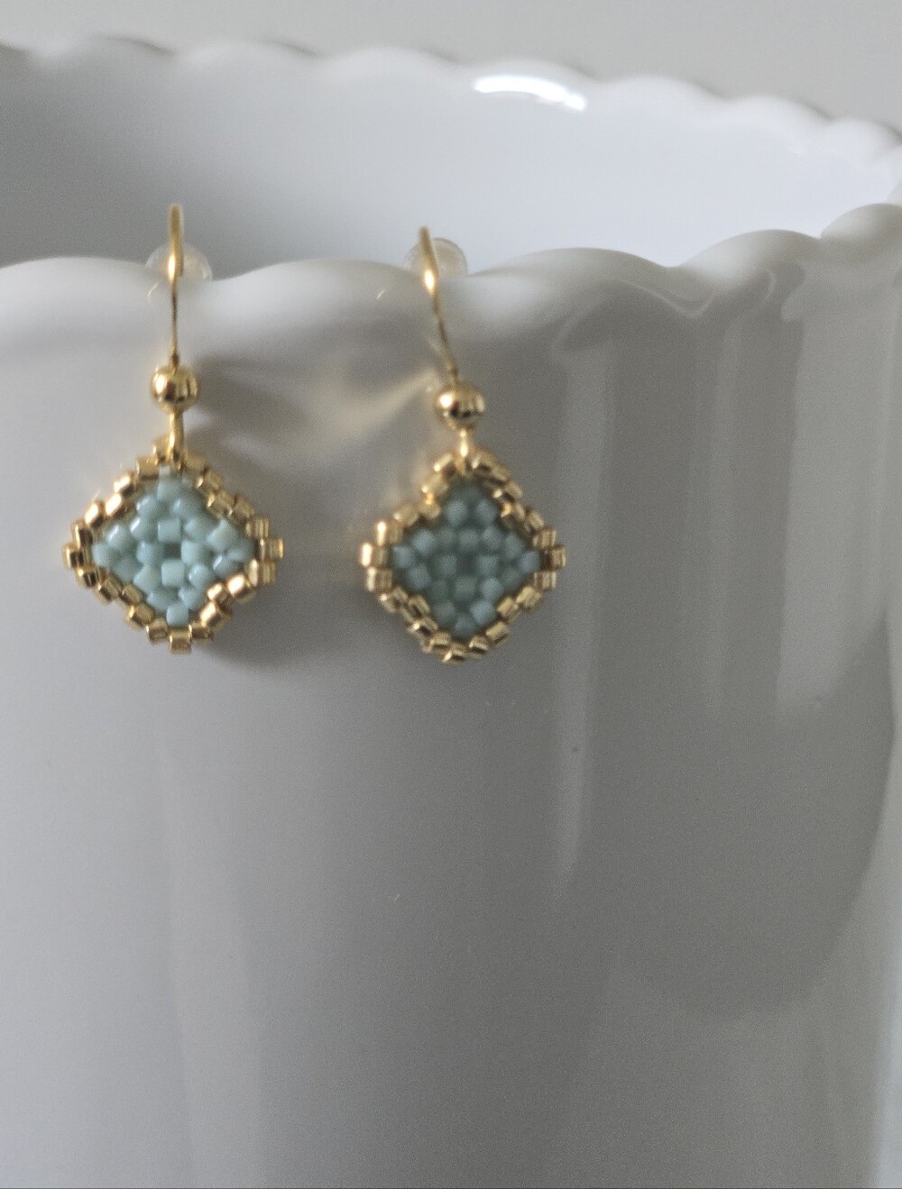 New Handmade Gold and Soft Turquoise Beaded Drop Earrings